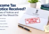 Income tax notice received on laptop with taxpayer reviewing types of notices and response steps